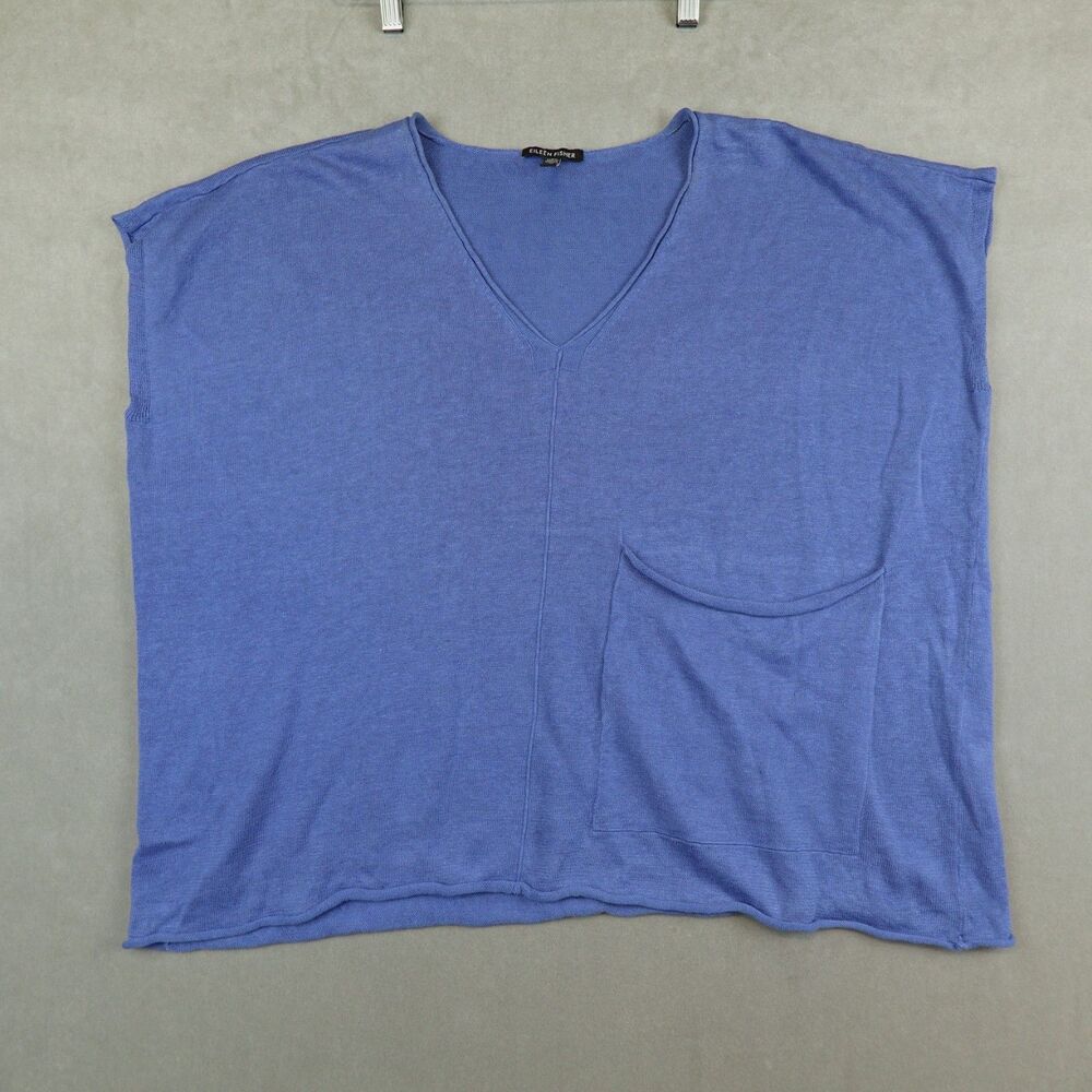 Eileen Fisher Organic Linen Cotton Blue V Neck Relaxed Knit Tunic Top Womens L